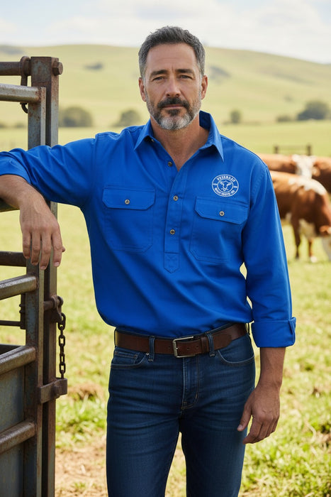 The Fitzroy Men’s Long Sleeve Cotton Half-Button Work Shirt – Blue