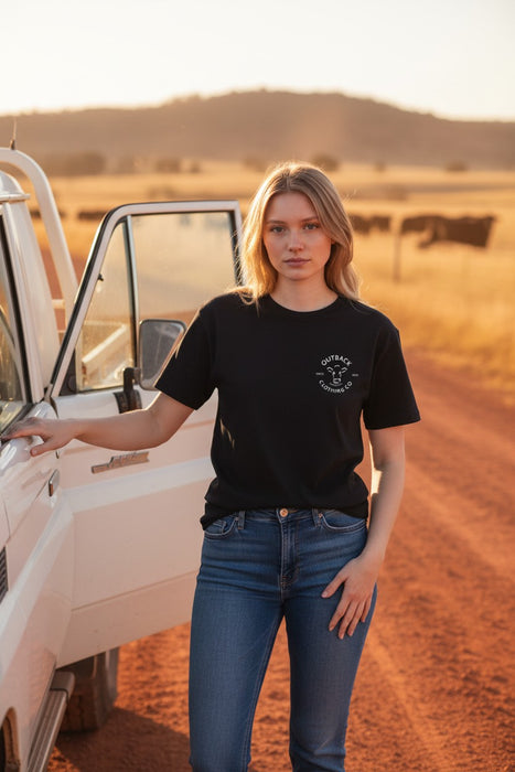 Outback Classic Tee – Black Neon Pink Cow (Women’s)