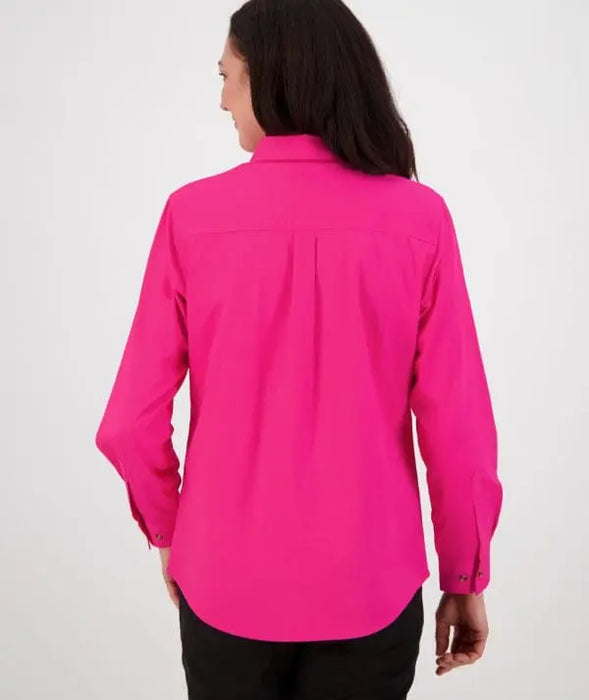 Slim-fit back design of women's bright-pink long-sleeve button-up shirt, ideal for layering or standalone wear