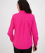 Slim-fit back design of women's bright-pink long-sleeve button-up shirt, ideal for layering or standalone wear