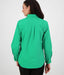 Slim-fit back design of women's green long-sleeve button-up shirt, ideal for layering or standalone wear