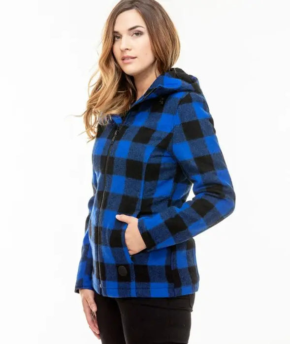 Woman wearing Seattle Wool Hoodie Blue/Black front view