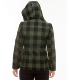 Back view of Seattle Wool Hoodie in Olive/Black – showcasing contoured fit and hood design