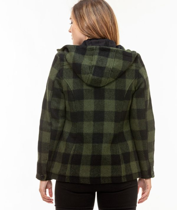 Back view of Seattle Wool Hoodie in Olive/Black – showcasing contoured fit and hood design