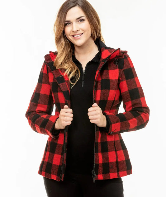 Front view of Seattle Wool Hoodie in Red/Black check pattern