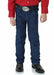 Front view of boy wearing Wrangler Junior Original ProRodeo Jeans in Prewashed Indigo, paired with a red shirt and dark boots.
